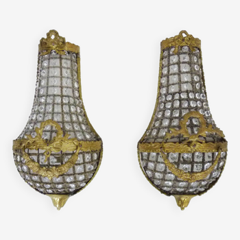 Large pair of vintage hot air balloon wall lights in solid brass and glass pendants