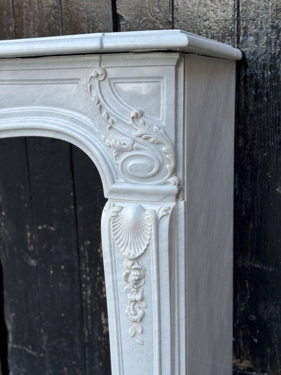 Louis XV style fireplace in grey and white Carrara marble circa 1980