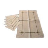 Nappe centre de table avec 6 serviettes en lin brodés main