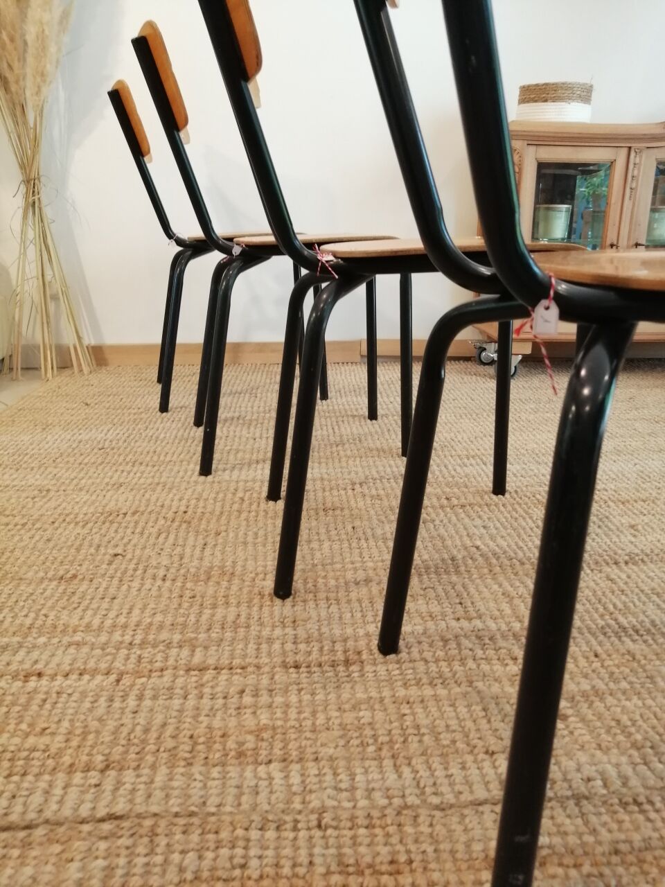 Series of 4 wooden and metal school chairs