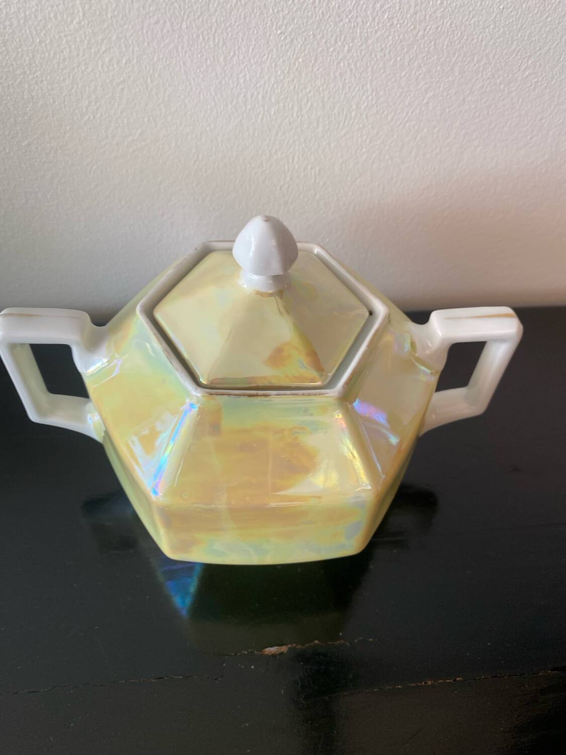 Vintage art deco sugar bowl in iridescent yellow