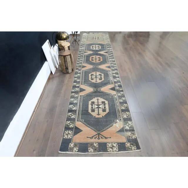 1970s Turkish Oushak Handmade Wool Cotton Green Runner Rug 112x574