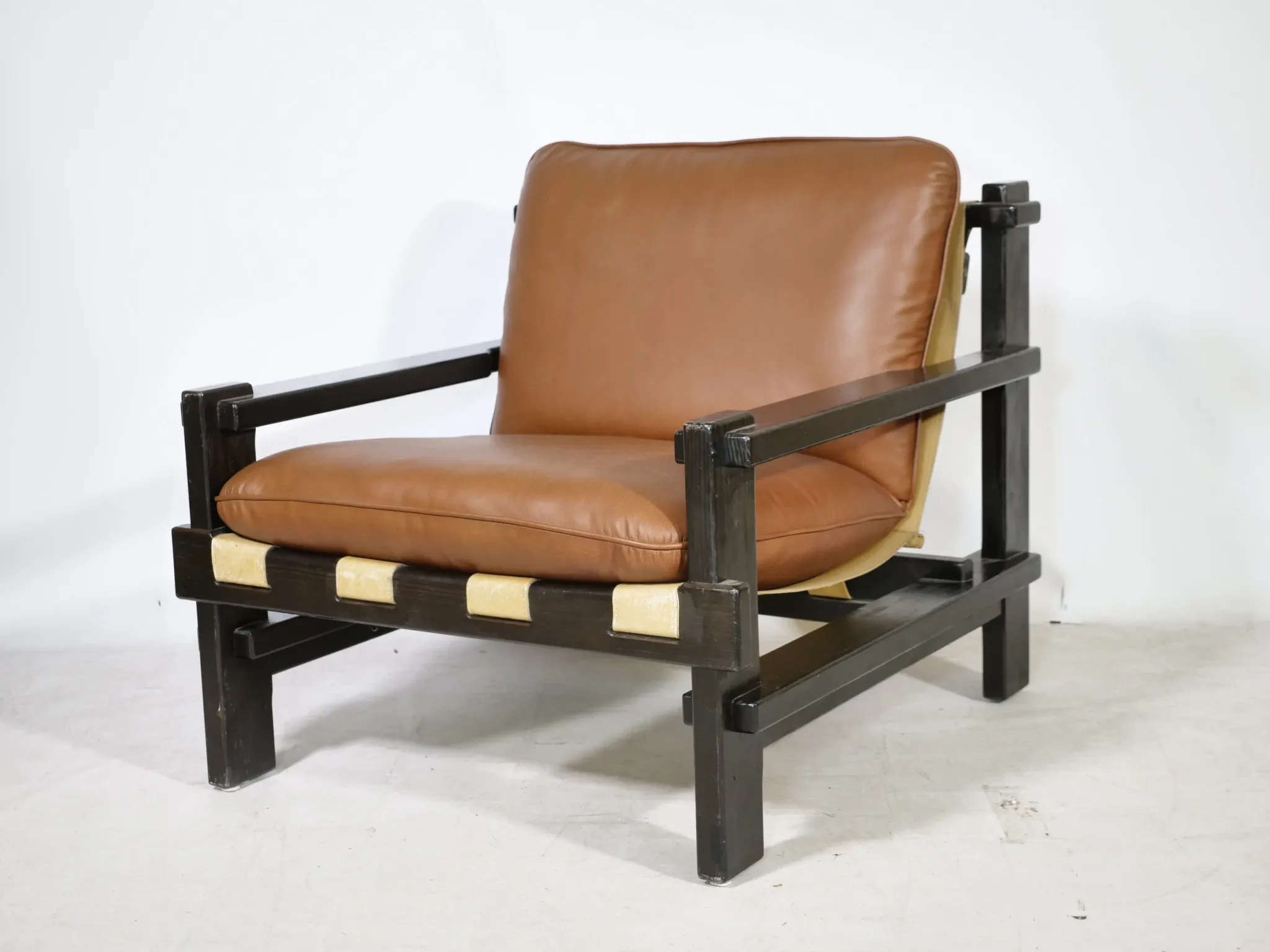 Brutalist Lounge Set in Light Brown Leather & Pine by Carl Straub, Set of 3