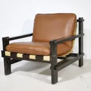 Brutalist Lounge Set in Light Brown Leather & Pine by Carl Straub, Set of 3