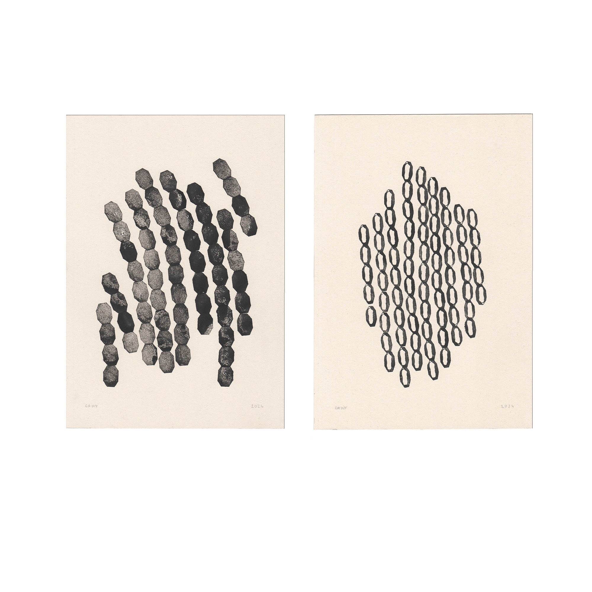 Duo of black abstract paintings signed eawy