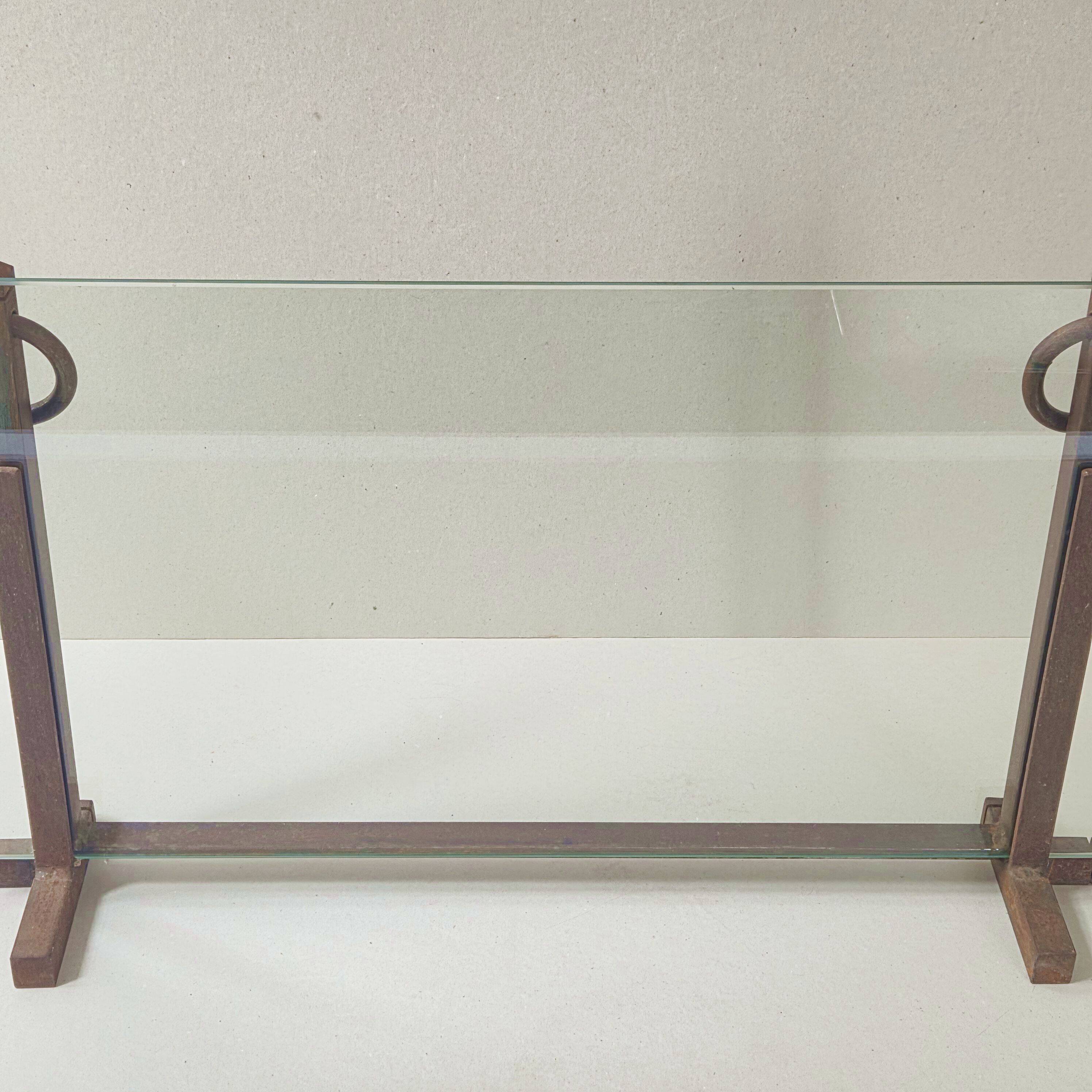 Vintage modernist fireplace screen 1970 in metal & safety glass 70s 1970s