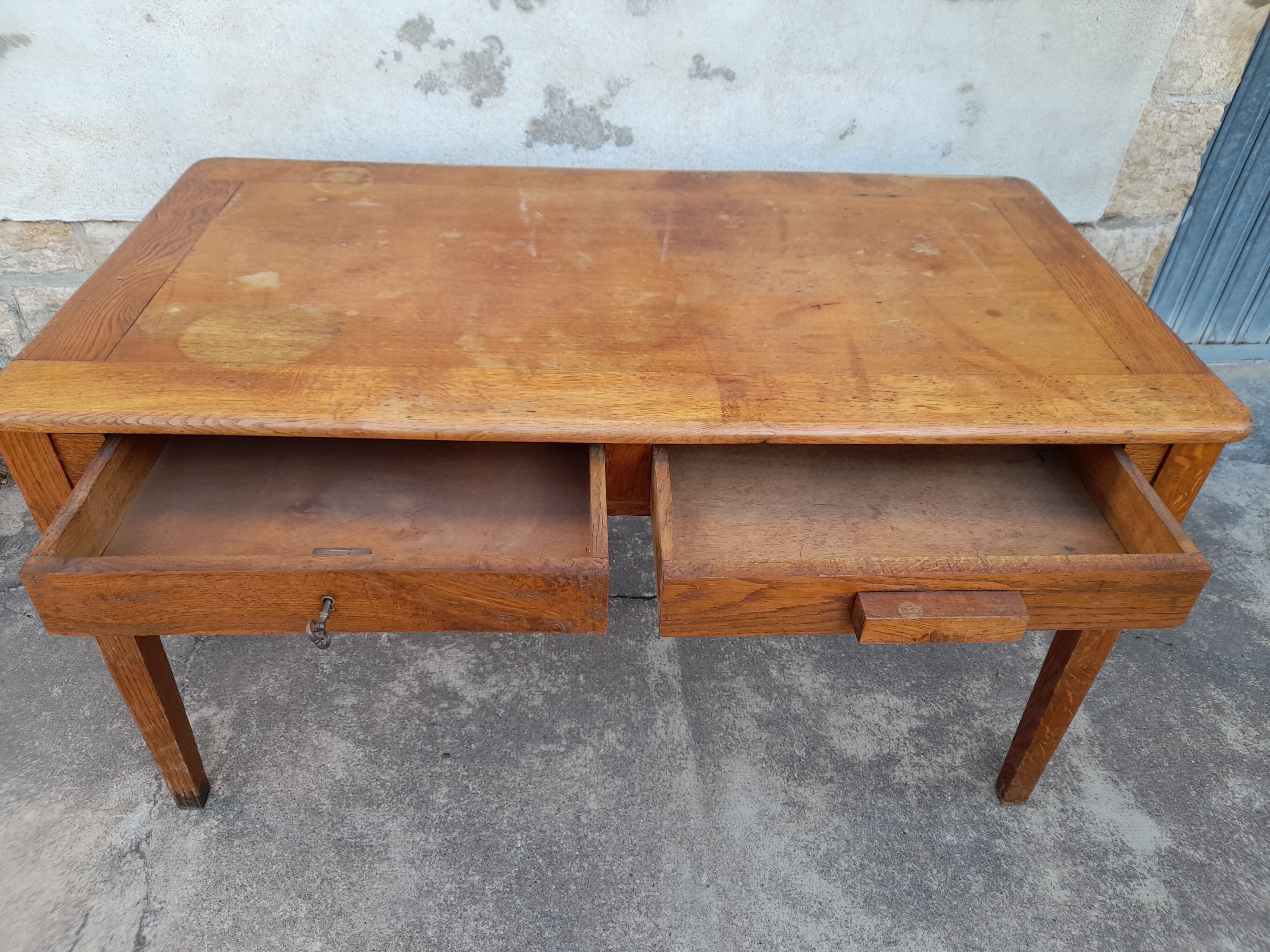 Oak desk table 1950 2 drawers -1m30