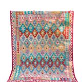 Afghan kilim rug colored red pink blue yellow diamond handmade wool