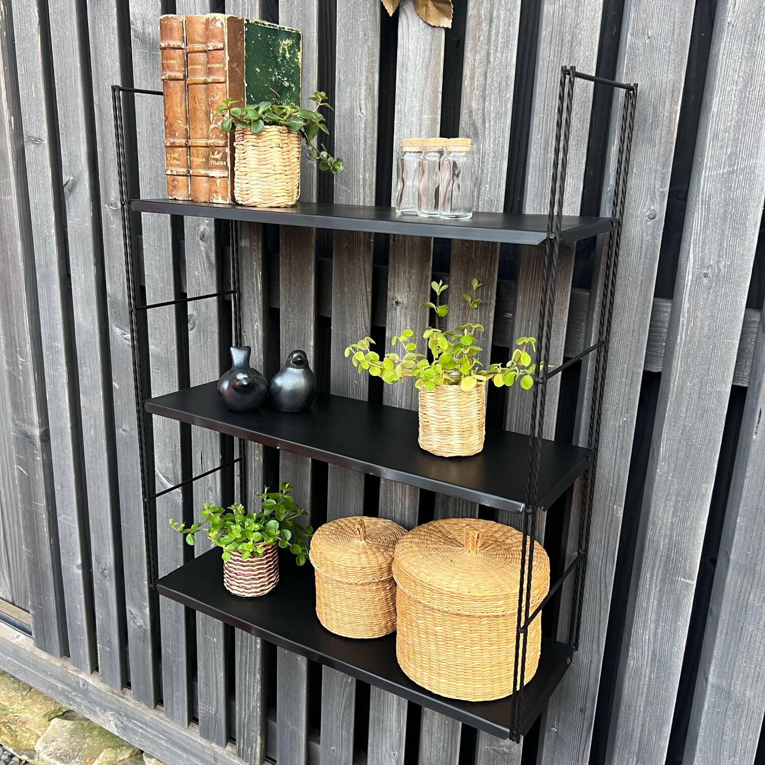 Vintage black metal "string" shelf