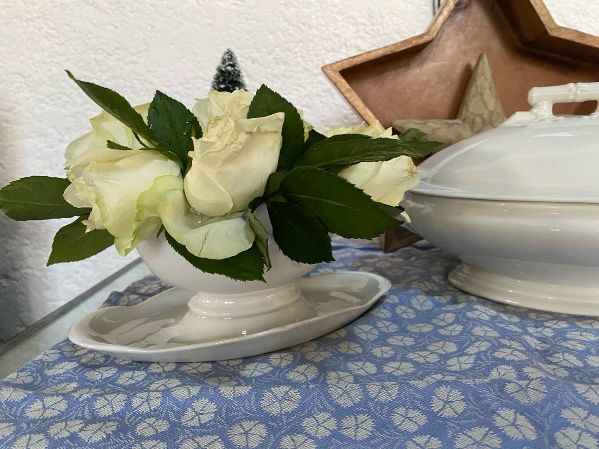 Antique porcelain sauce boat with bamboo pattern.
