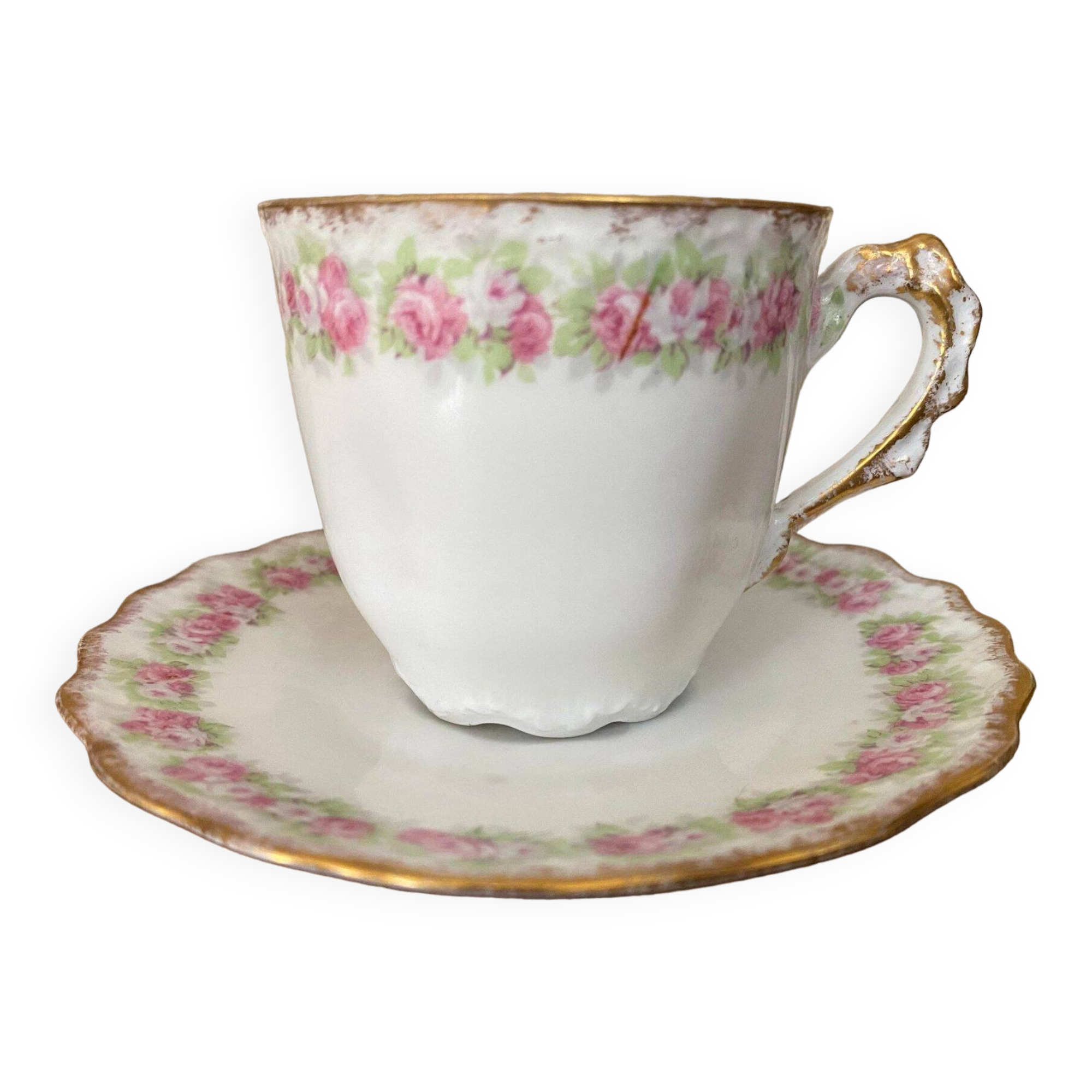 Cup and saucer Limoge porcelain decoration frieze of roses