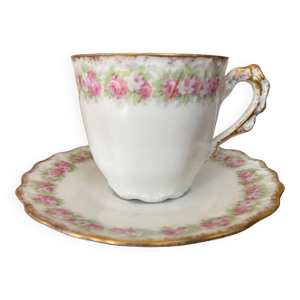 Cup and saucer Limoge porcelain decoration frieze of roses