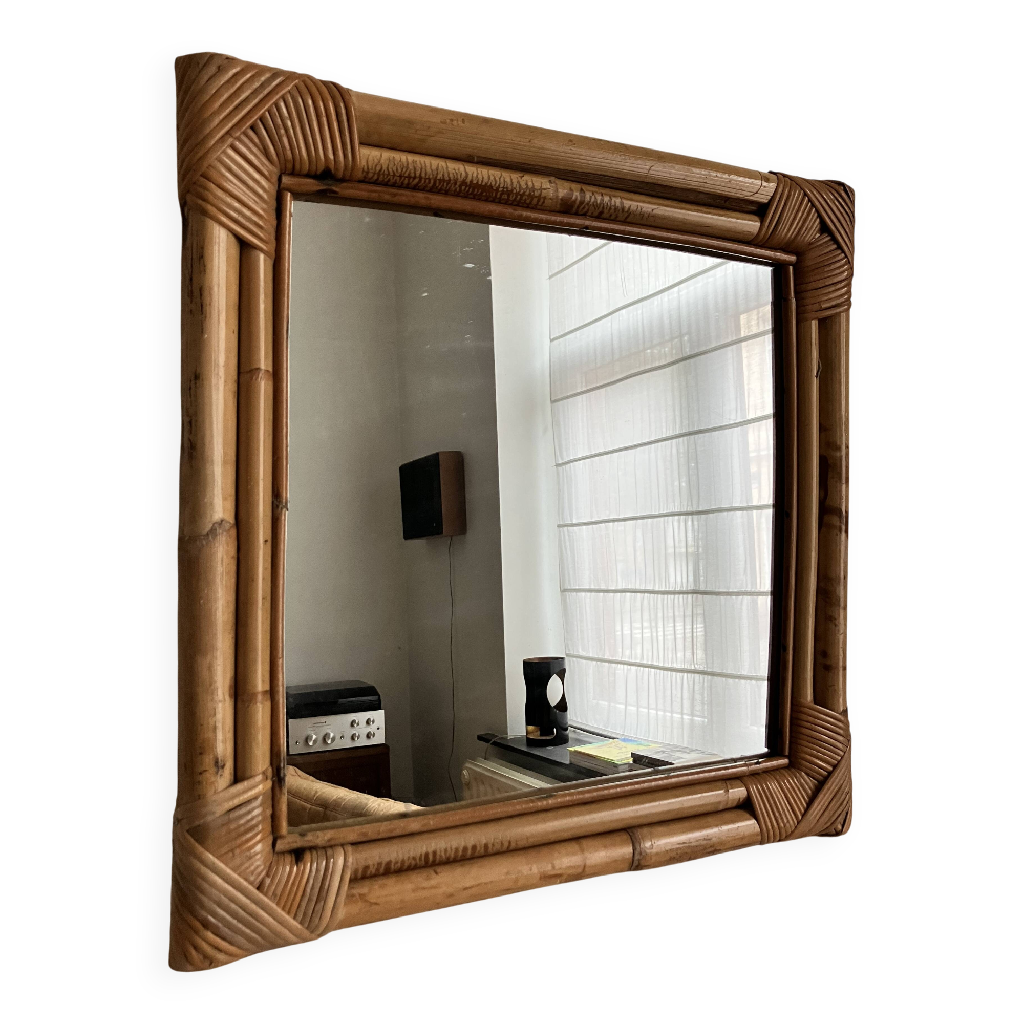 Bamboo rattan mirror from the 70s, French Riviera.