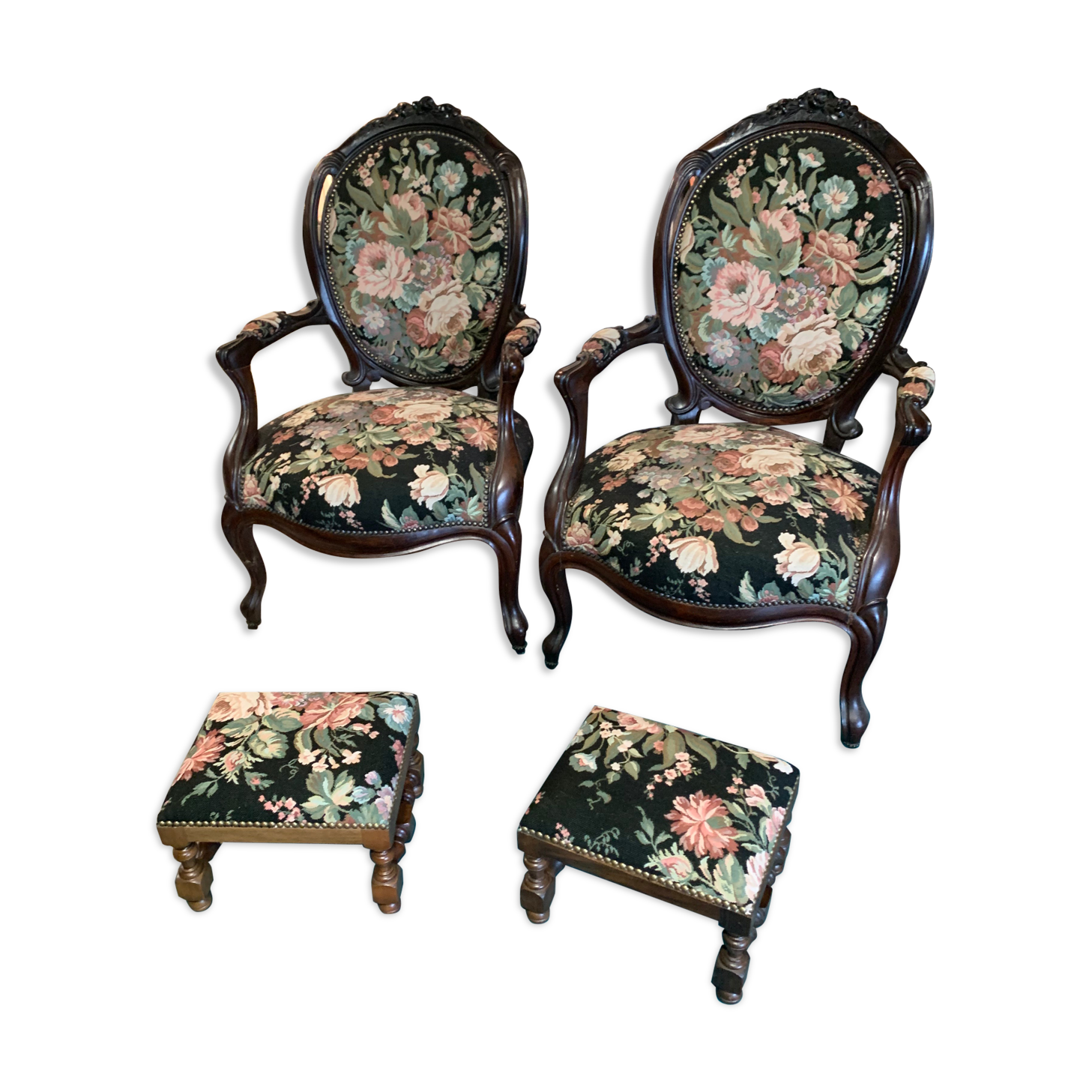 Pair of armchairs with foot rest Louis Philippe