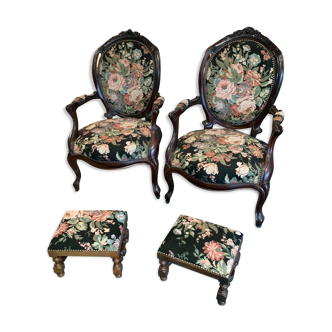 Pair of armchairs with foot rest Louis Philippe