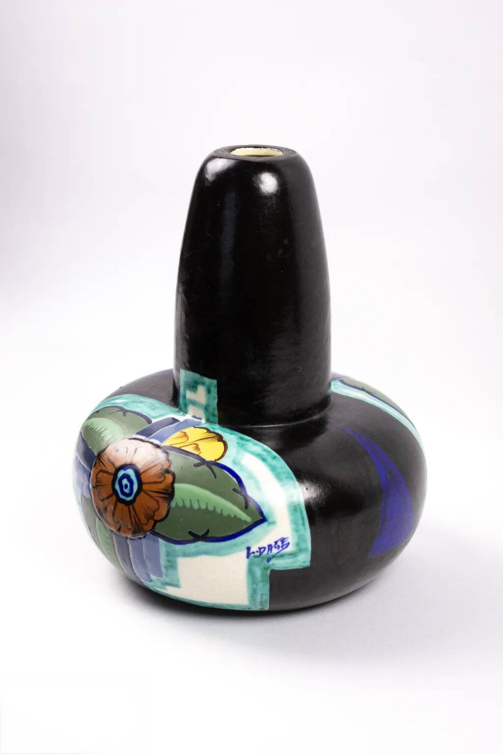 Art Deco Vase by Louis Dage – ceramic with floral decoration on a black background, 1930