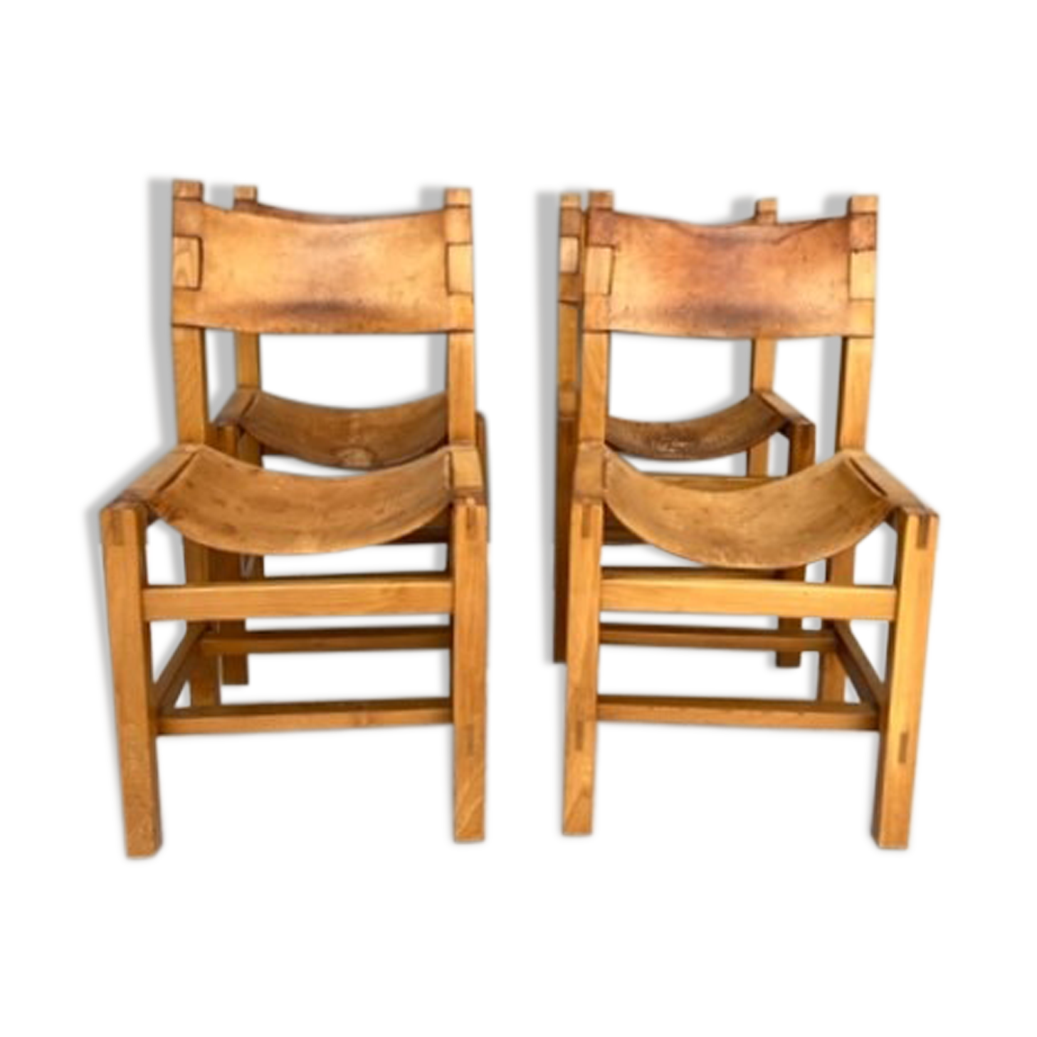 4 chaises en orme massif et cuir, Maison Regain années 70