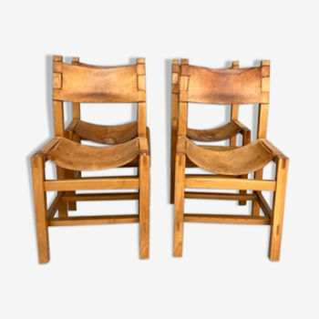 4 chairs in solid elm and leather, Maison Regain 70s