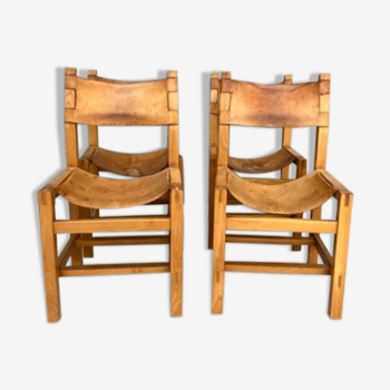 4 chaises en orme massif et cuir, Maison Regain années 70