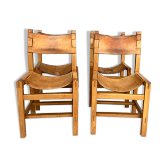 4 chairs in solid elm and leather, Maison Regain 70s