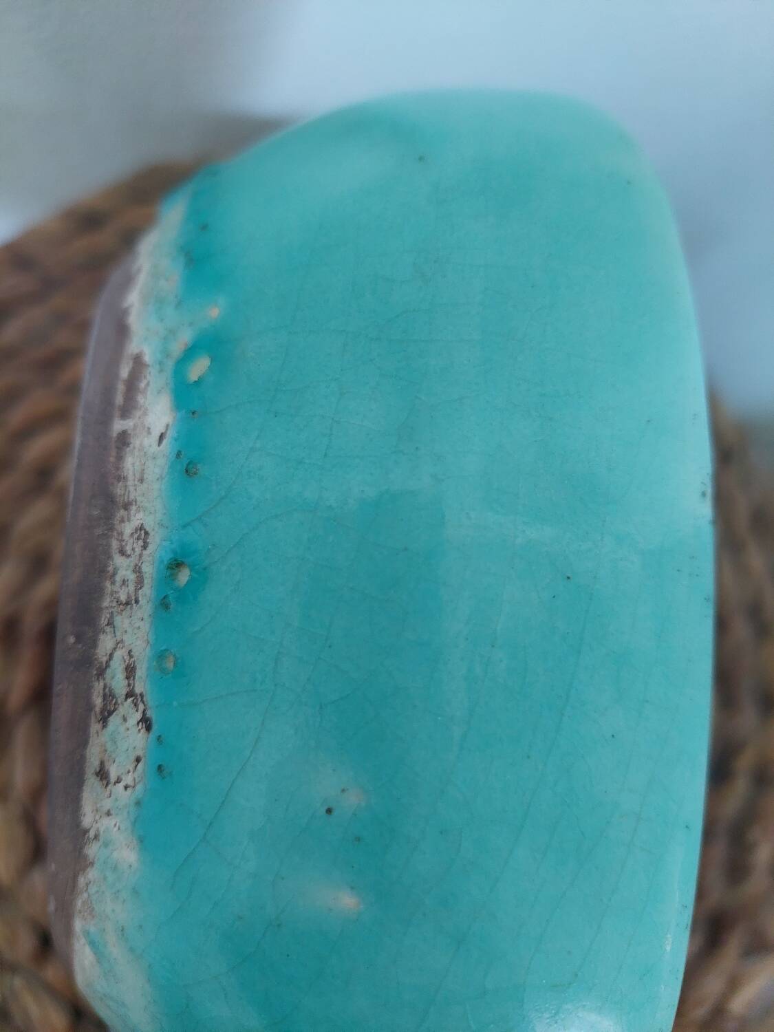 Art deco bowl signed Keramos in turquoise cracked ceramic