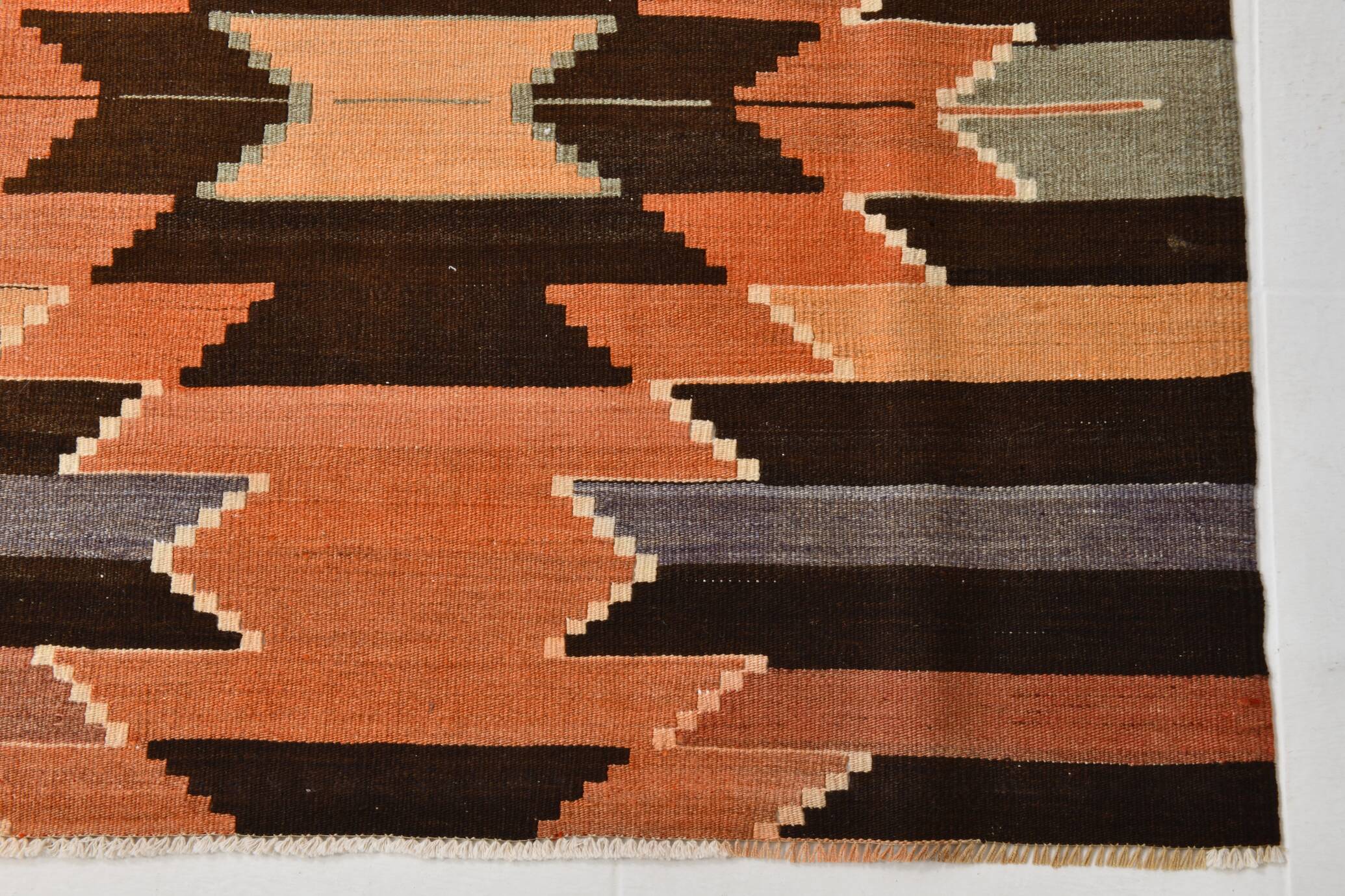 3x10 Orange  Brown Geometric Kilim Runner Rug, Handmade Wool Rug, 108x297Cm