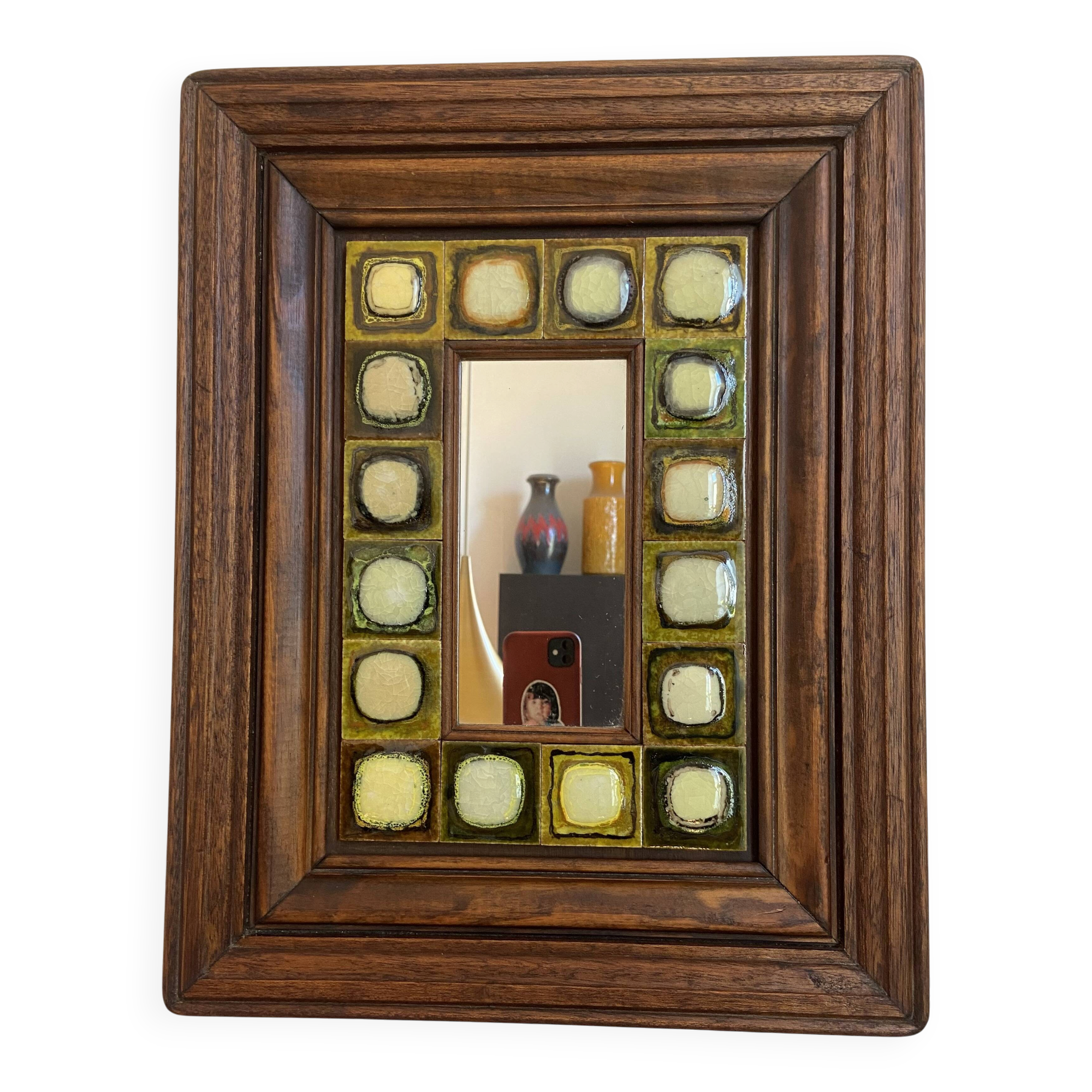 Ceramic and wood mirror from the 80s.