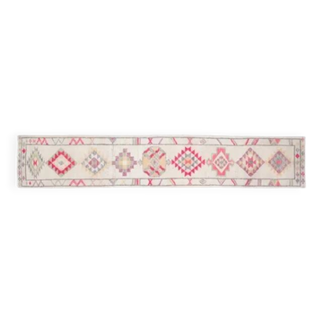 Vintage Turkish Oushak White Runner with Colorful Motifs 72x390