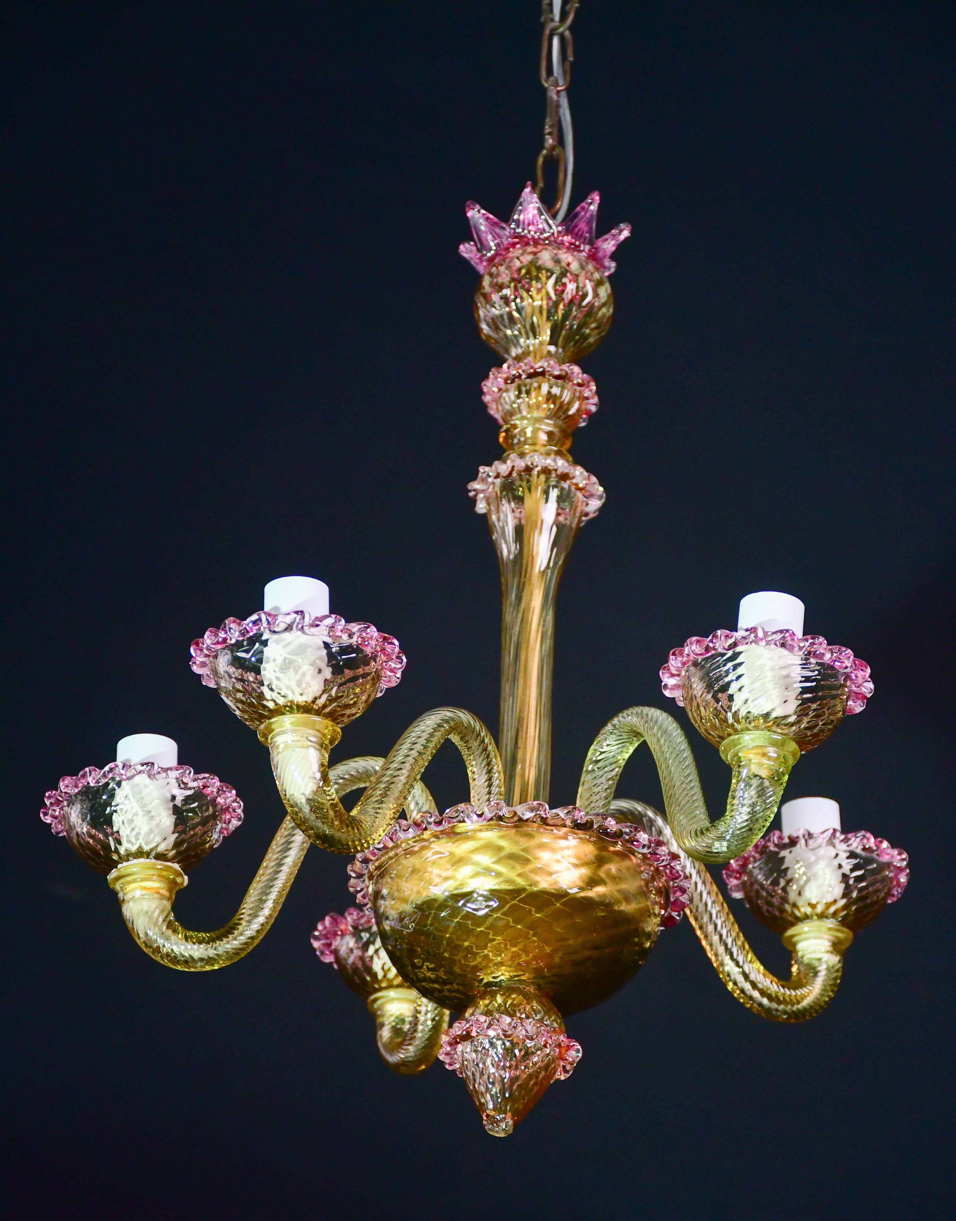 Pretty Venetian chandelier, pink and gold glass, 1950s