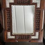 Oriental mirror in carved and turned wood inlaid with mother-of-pearl H 44/L 38 cm