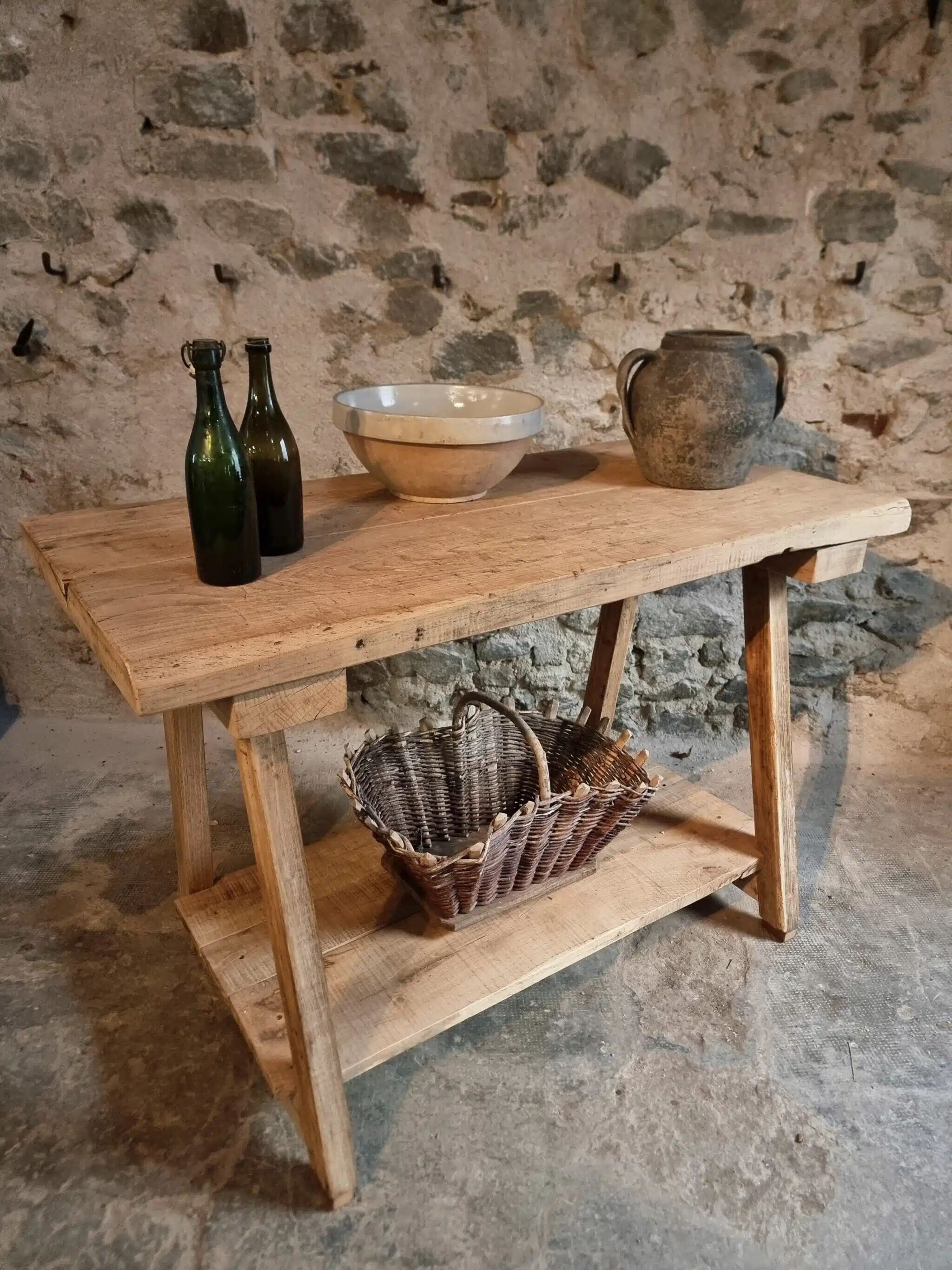 Old French work table / kitchen island / console, beech and chestnut, circa 1930–1950