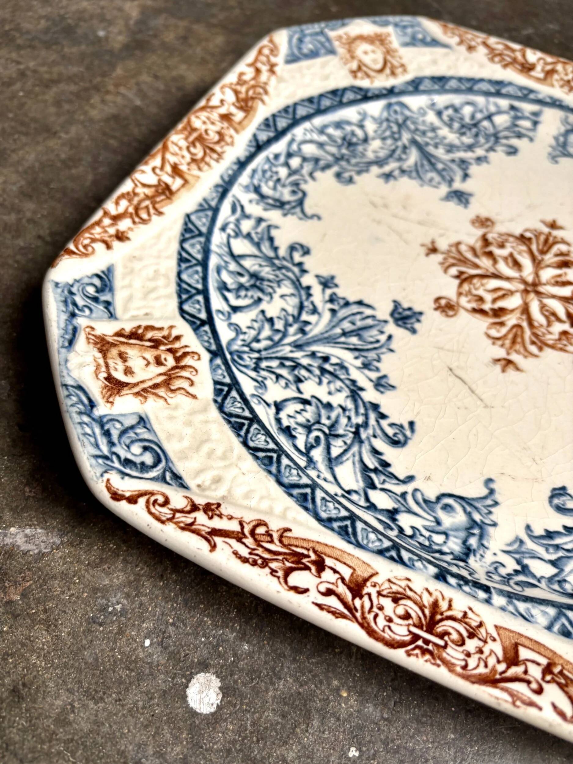 Longchamp square dish in blue and brown ironstone, "Diane" service