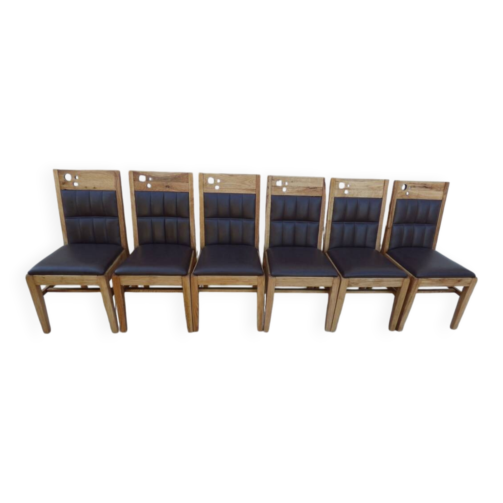 6 High-back chairs in high-quality, plush solid wood with brown faux leather