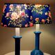 Pair of vintage blue ceramic lamps with Sanderson floral shades.