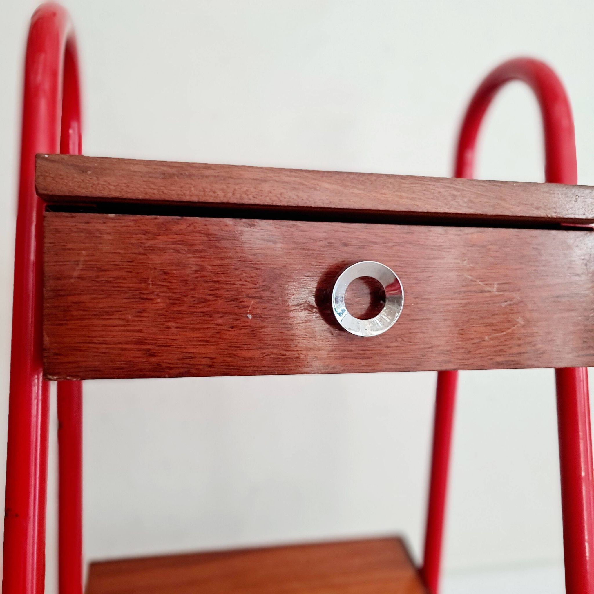 Small piece of furniture - boarding school type bedside table wood red metal