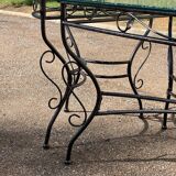 Glass and iron table with two side tables and 8 chairs