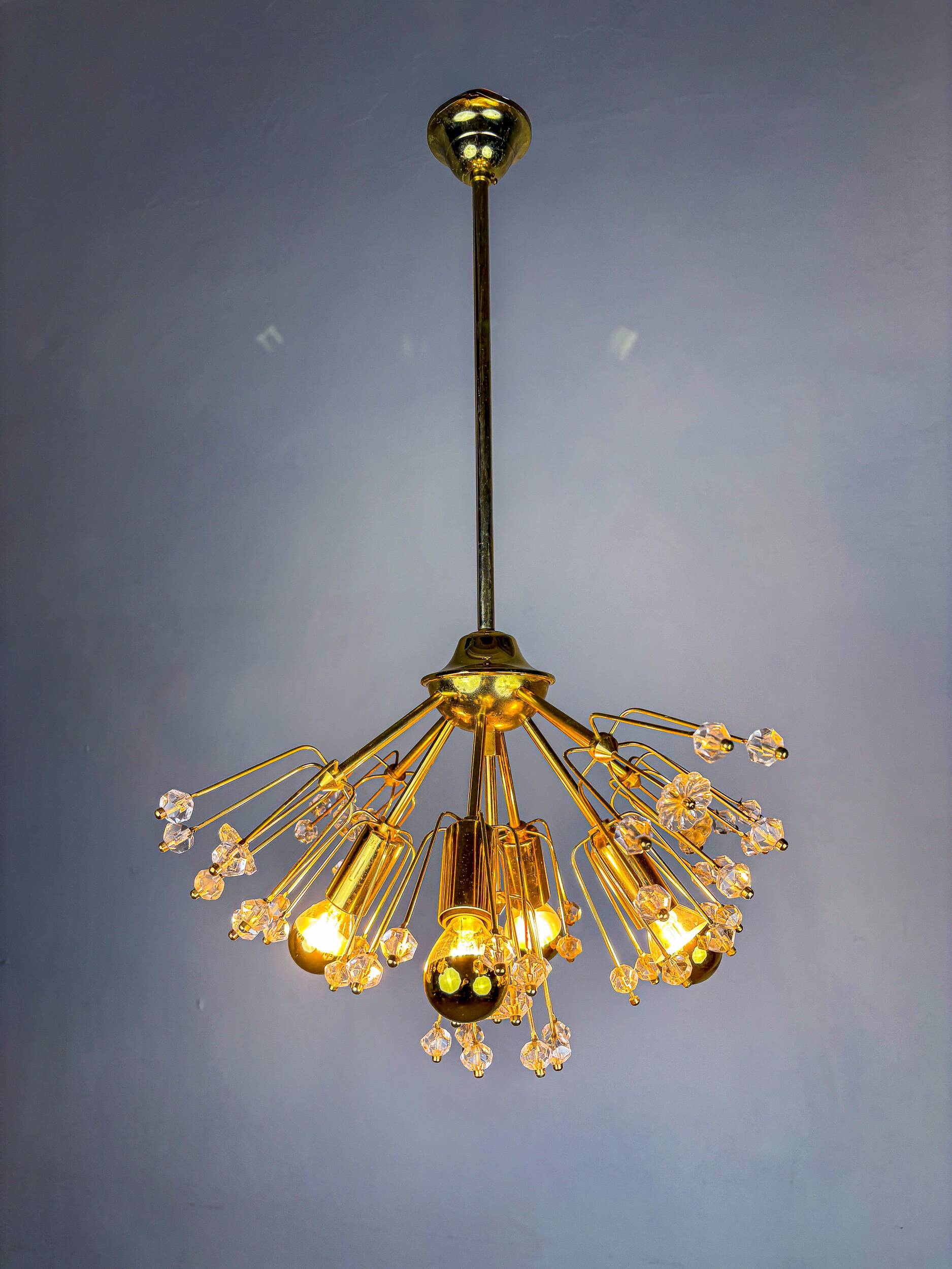 Emil Stejnar Sputnik chandelier for Rupert Nikoll, brass & crystal, Vienna, 1950s