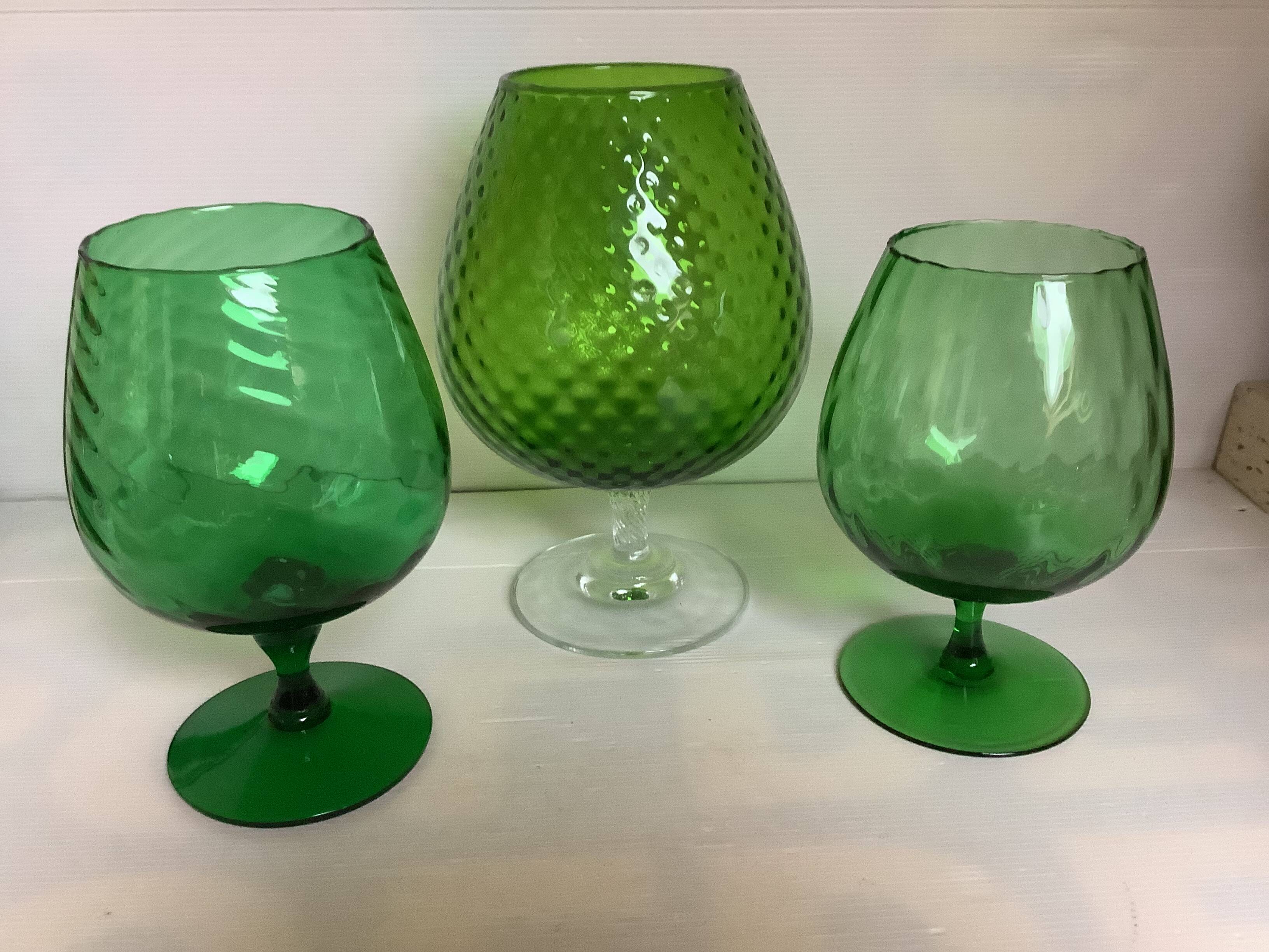 Trio of green glass vases Empoli Italy