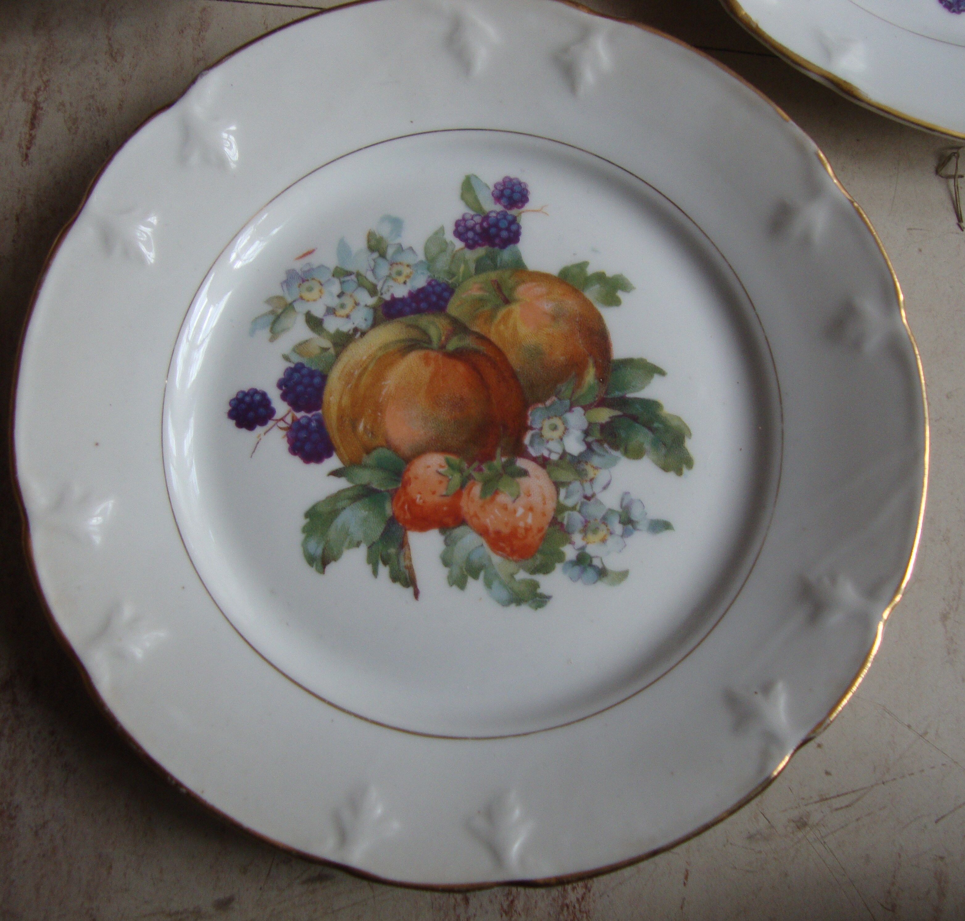 Set of 5 antique Limoges porcelain plates L.J.V with fruit decoration
