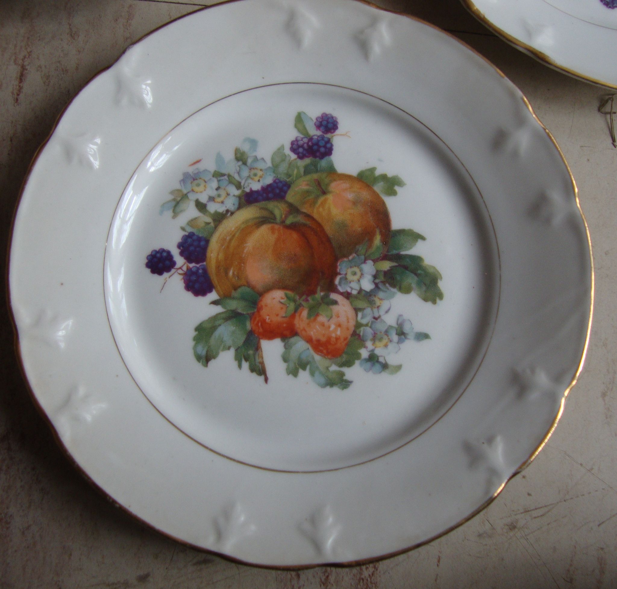Set of 5 antique Limoges porcelain plates L.J.V with fruit decoration