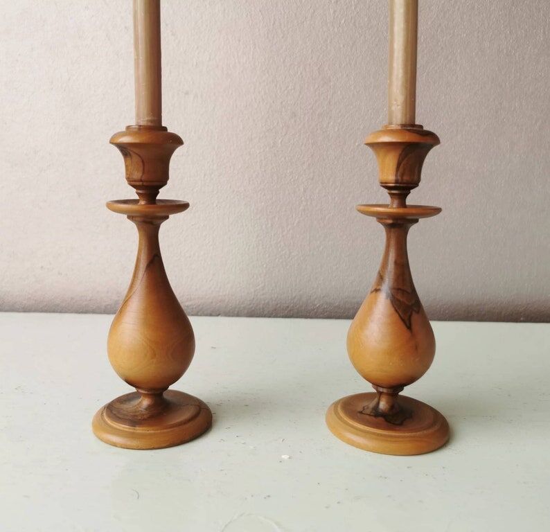 Ensemble de 2 bougeoirs vintage en bois, 1970