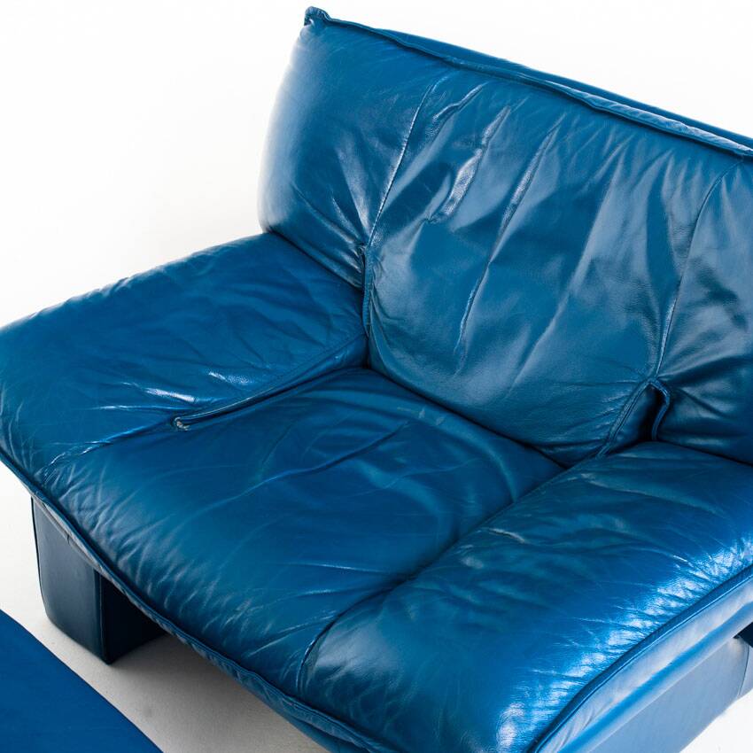 Vintage blue leather armchair and pouf by Nicoletti Salotti - Italy 80s