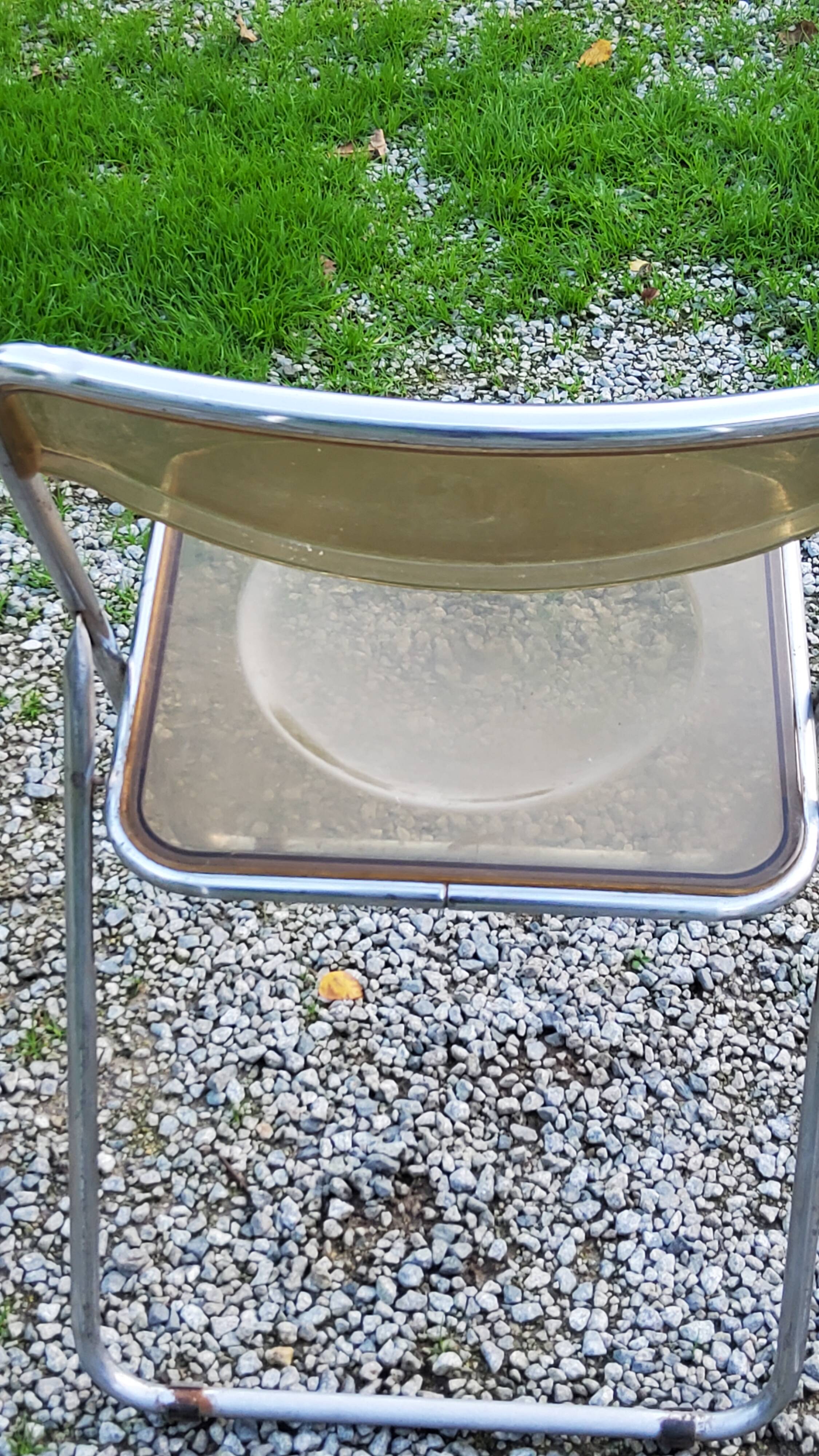 Set of 4 70s design folding chairs in smoked plexiglass and chrome metal