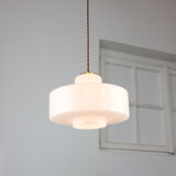 Mid-century Italian White Glass and Brass Pendant Lamp