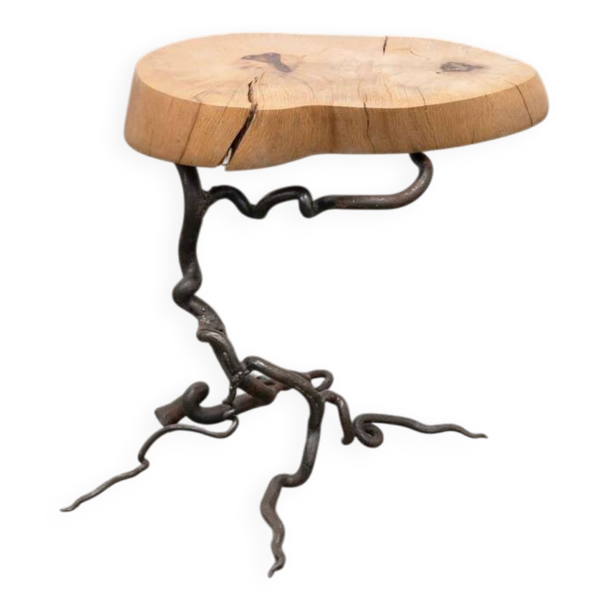 Brutalist artisanal wrought iron and slab wood side table
