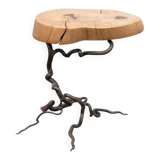 Brutalist artisanal wrought iron and slab wood side table
