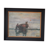 Tableau ancien à l'huile sur un panneau de bois représentant des pêcheurs