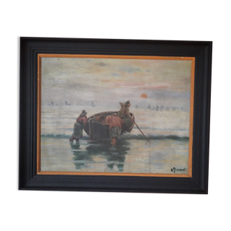 Old oil painting on a wooden panel depicting fishermen