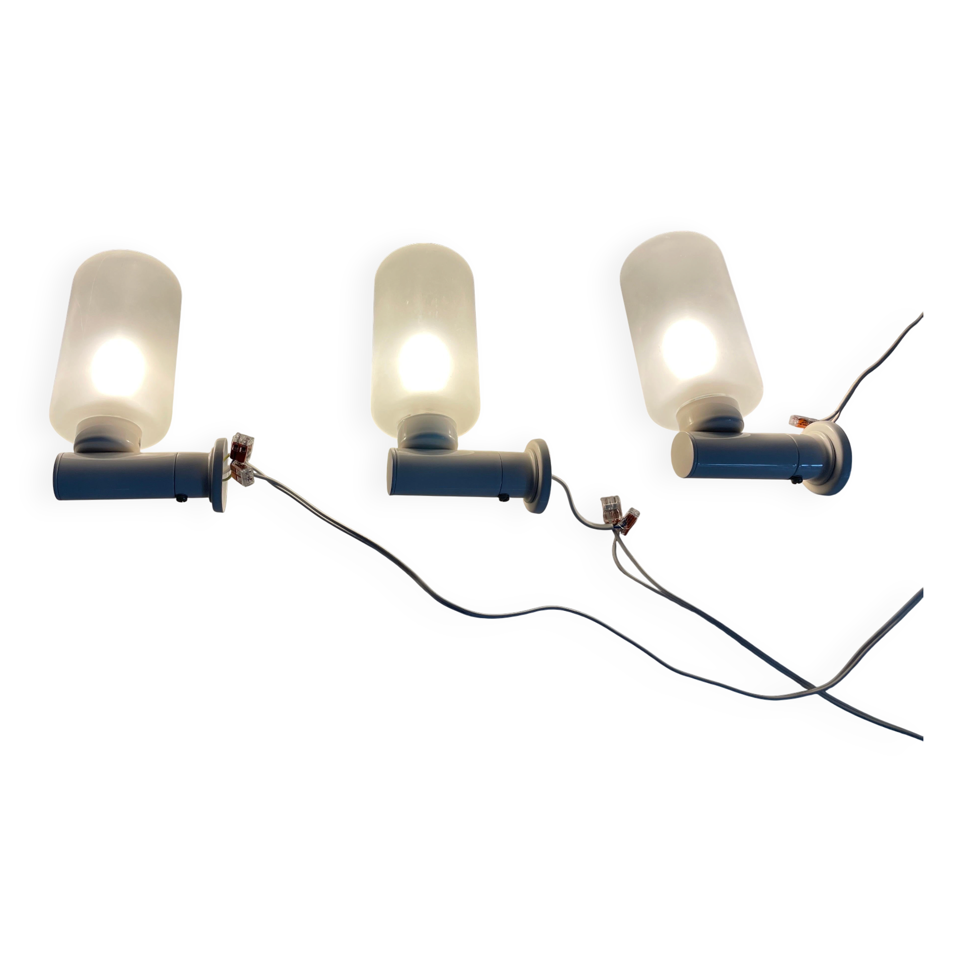 Set of 3 semi-transparent glass and white metal wall lights, 1960, Germany