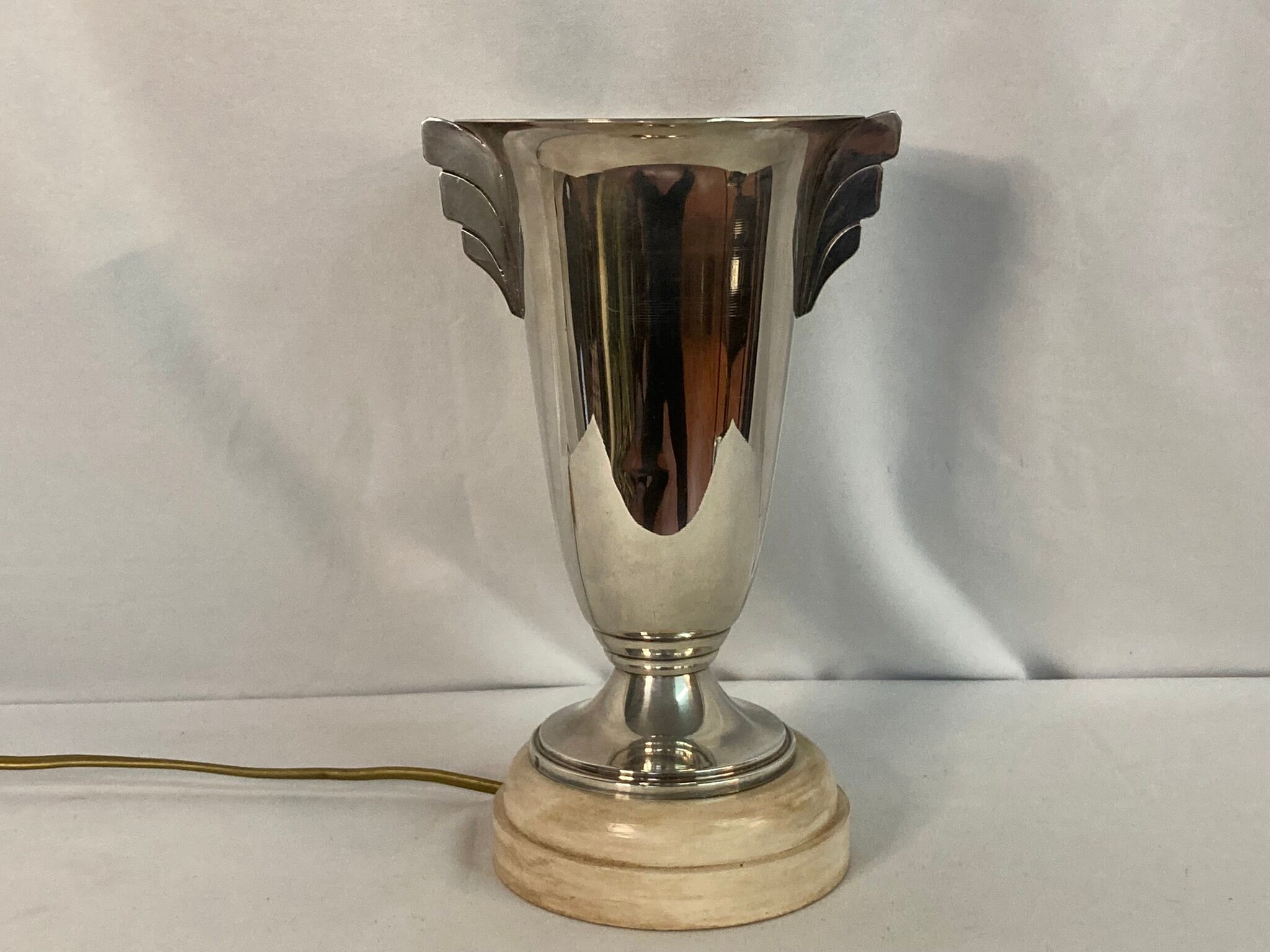 Art Deco, silver metal lamp wood base around 1930